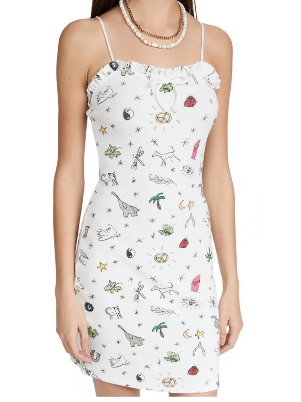 STAUD Aubergine Dress Good Vibes White Doodle Print Ruffle Neck Mini Dress L